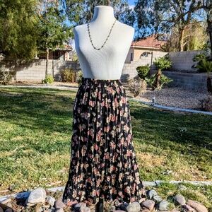 Sag Harbor Black Floral Print Button Down Maxi Skirt Small Elastic Waist EUC